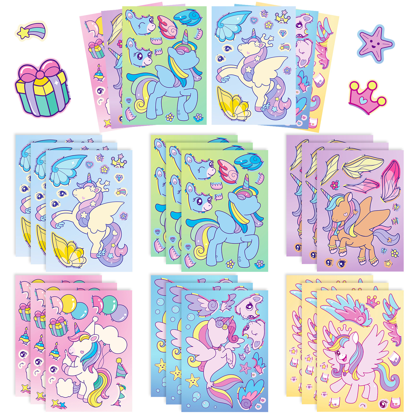 6 hojas de pegatinas de rompecabezas DIY de caballo arcoíris para niños, juegos de unicornio, hacer una cara, pegatinas divertidas para montar, juguetes educativos para niños