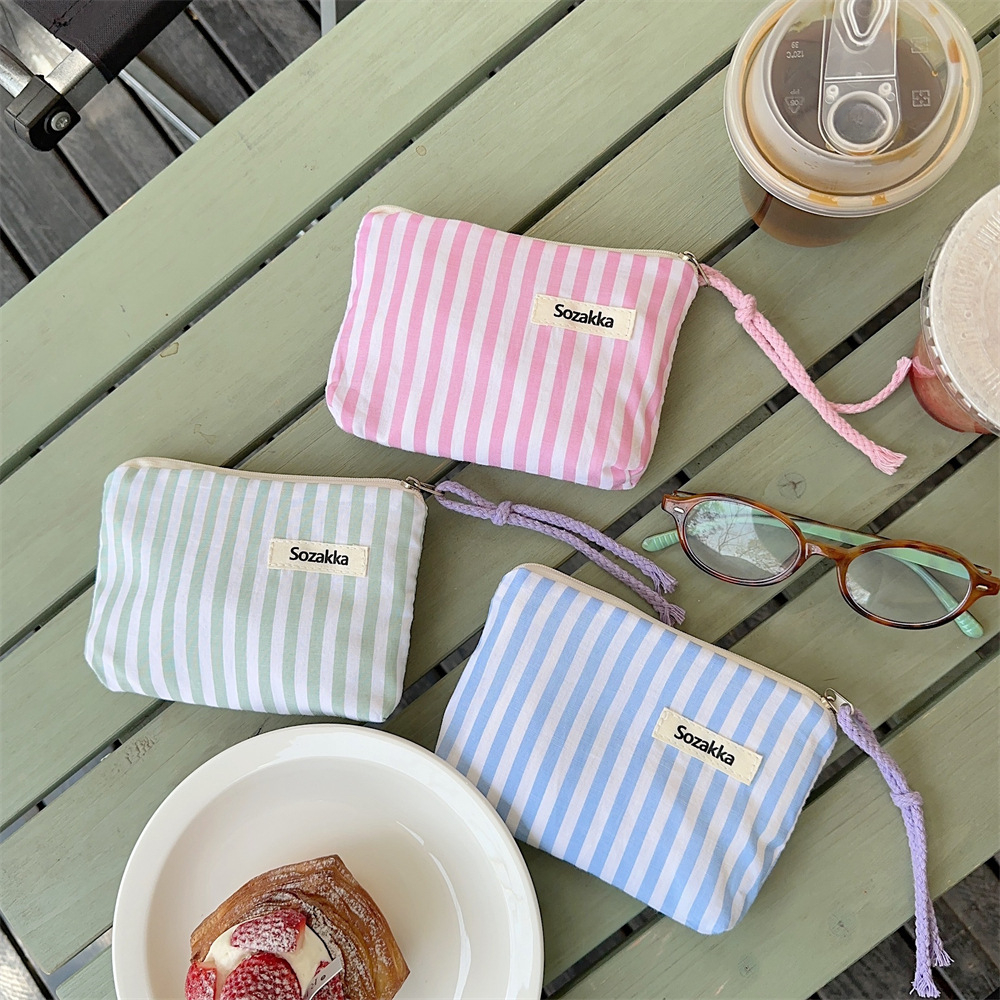 Bolsa de maquillaje pequeña para cosméticos, Mini bolsas organizadoras de lona a rayas para mujer, estuche de maquillaje para lápiz labial, monedero bonito para niños, estuche para monedas