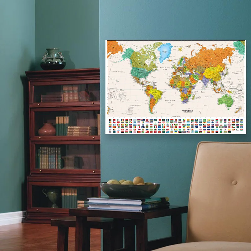 A2 Size The World Map In English Poster Decor Vintage Canvas Painting Children Educational Home Office School Supplies 59x42cm