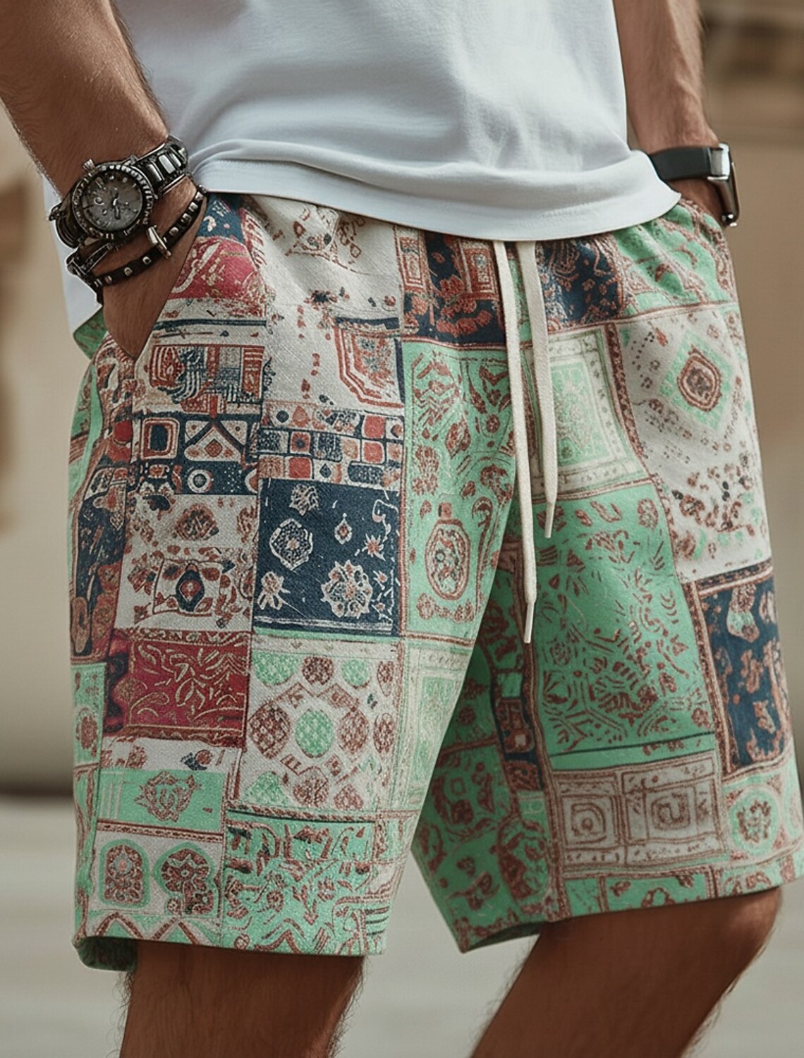 Pantalones Cortos Casuales de Hombre Estilo Bohemio con Bloques de Color y Parches, Pantalones Cortos Retro Étnicos con Estampado 3D y Cintura Elástica con Cordón, Primavera Verano Playa