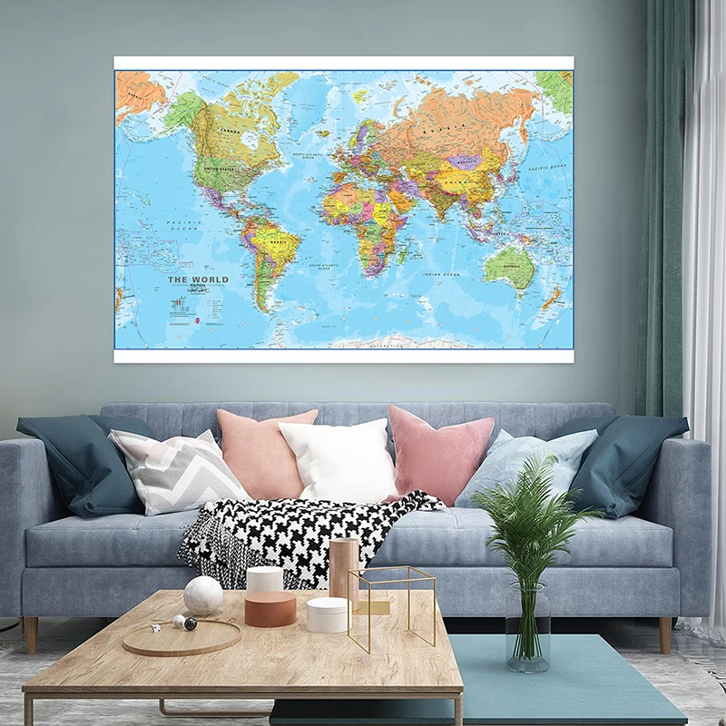 Thế Giới Chính Trị Bản Đồ 100*70Cm Vải Không Dệt Tranh Canvas Trang Treo Tường Unframed In Phòng Khách trang Trí Nhà Đồ Dùng Học Tập