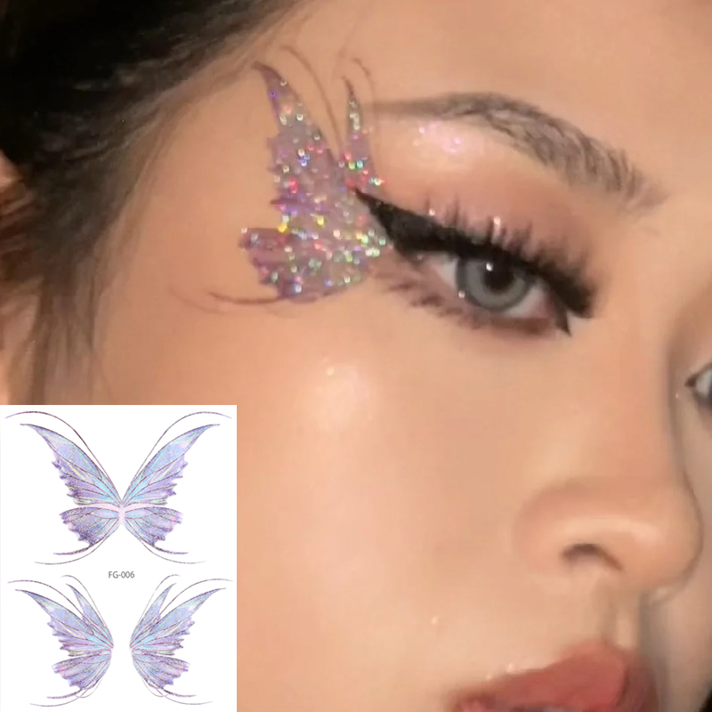 3d fada borboleta asas brilhante tatuagem adesivo à prova dwaterproof água olhos rosto arte do corpo tatuagens falsas para mulheres maquiagem dança festival de música