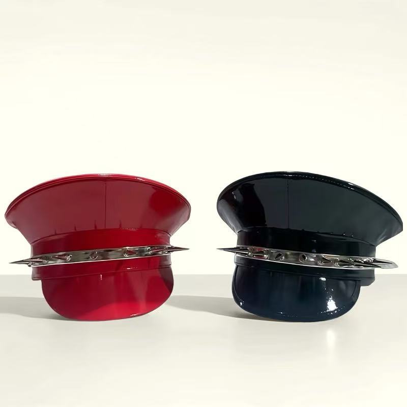 HongLuan Sombrero de capitán gótico Steampunk negro/rojo Festival Burningman, gorra militar alemana para mujer, sombreros de piel sintética para fiesta