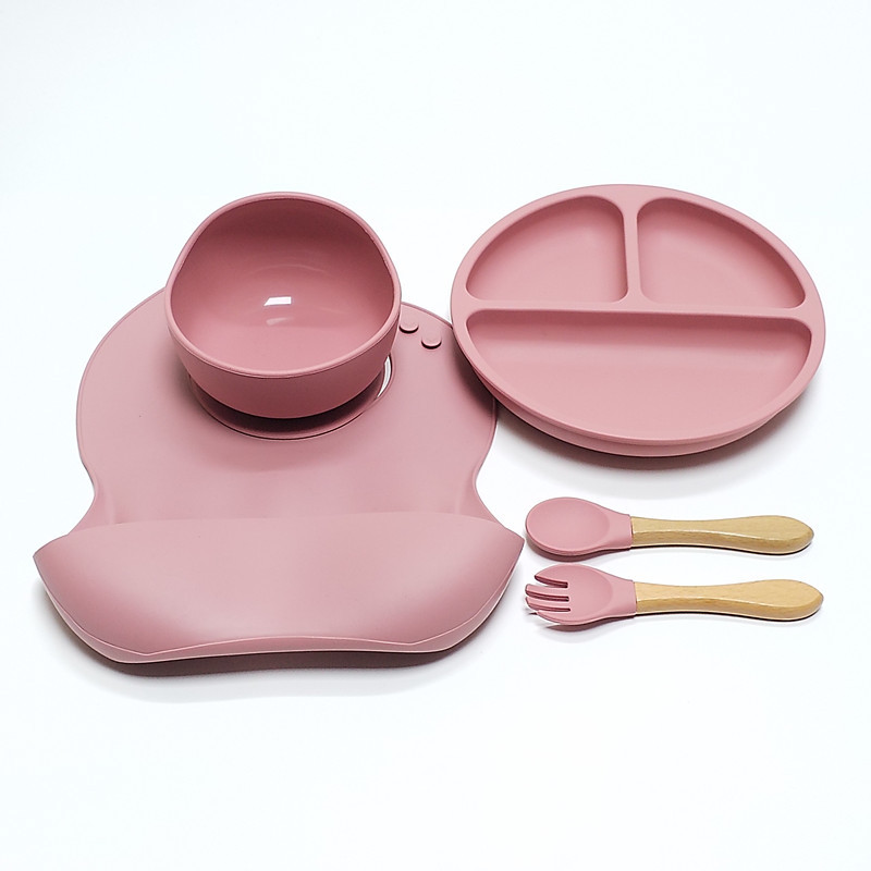 Conjunto de prato de jantar de silicone para crianças, 5 peças forte sucção anti-queda tigela de treinamento de alimentação infantil garfo colher utensílios de mesa de alimentação