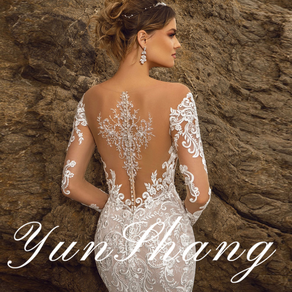 YunShang Maßgeschneidertes, romantisches, langärmliges, aufwendig besticktes Meerjungfrau-Hochzeitskleid mit Spitze und V-Ausschnitt und anmutigem, transparentem Rücken, sexy