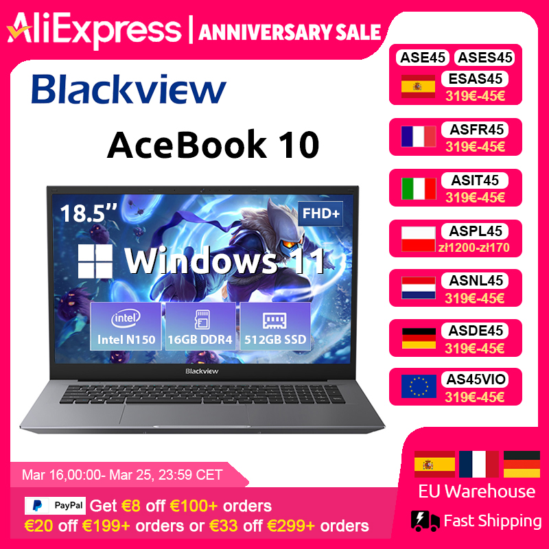 Blackview ACEBOOK 10 Computadora portátil 18,5" FHD 8000mAh Intel N150 Windows 11 16GB RAM 512GB BT5.2 WiFi 6 Notebook de escritorio