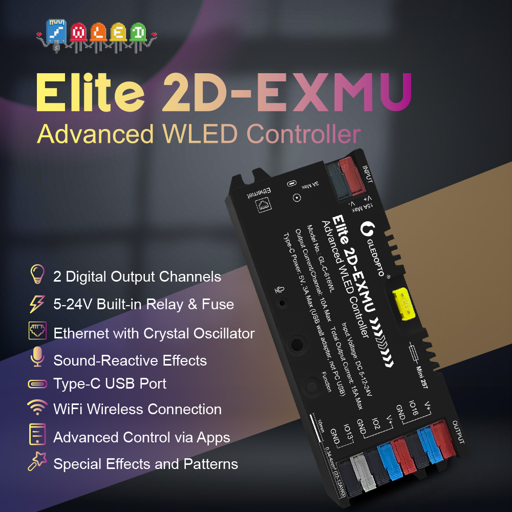 GLEDOPTO Elite ESP32 WLED LED-Streifen-Controller mit Ethernet, Musik-Synchronisation, Relais, 20A Sicherung für WS2812B WS2815 SK6812 RGB IC