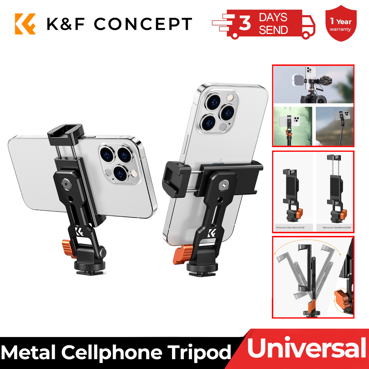 K&F CONCEPT Metalowy uchwyt na telefon do statywu, uniwersalny stojak na smartfon z 2 zimnymi stopkami, regulowany uchwyt na telefon komórkowy do wszystkich telefonów