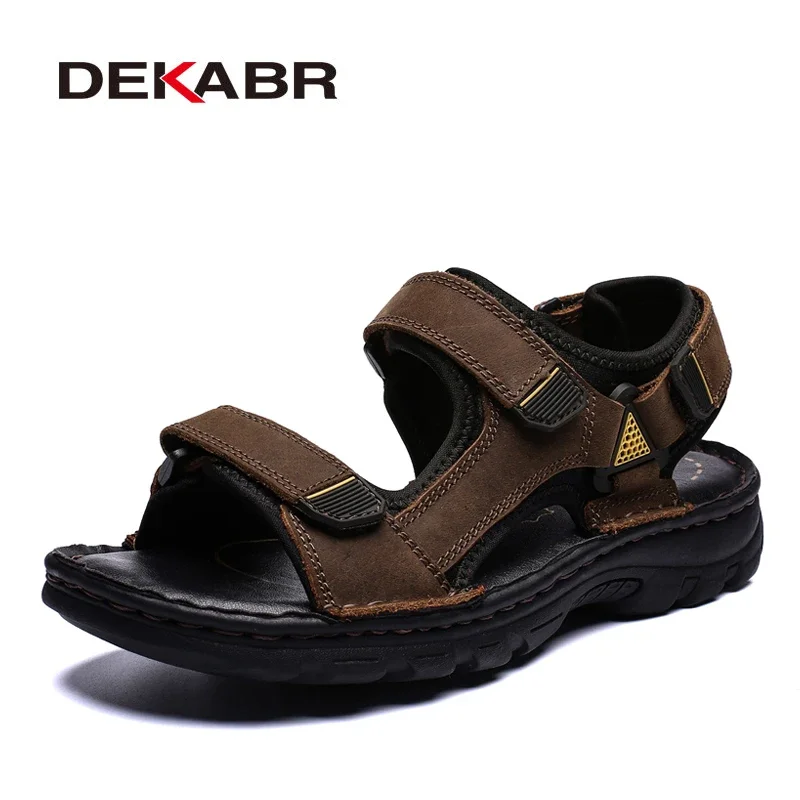 DEKABR Männer Echtes Leder Sandalen Sommer Strand Atmungsaktive Fischer Schuhe Slipper Stil Weichen Boden Flache Schuhe Plus Größe 38 ~ 48
