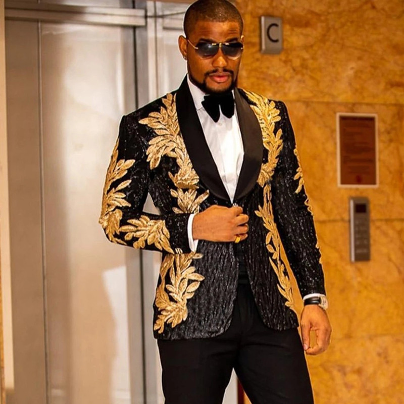 Conjunto de terno de tendência da moda com apliques de lantejoulas douradas masculinas jaqueta casual de alta qualidade e calças ocidentais conjunto de duas peças