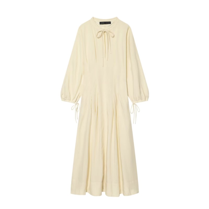 Vestido Midi con Cuello de Lazo para Mujer, Nuevo 2026, Manga Farol, Dobladillo Plisado, Vestido Largo Casual y Fluido, Elegante para Oficina, Citas, Iglesia