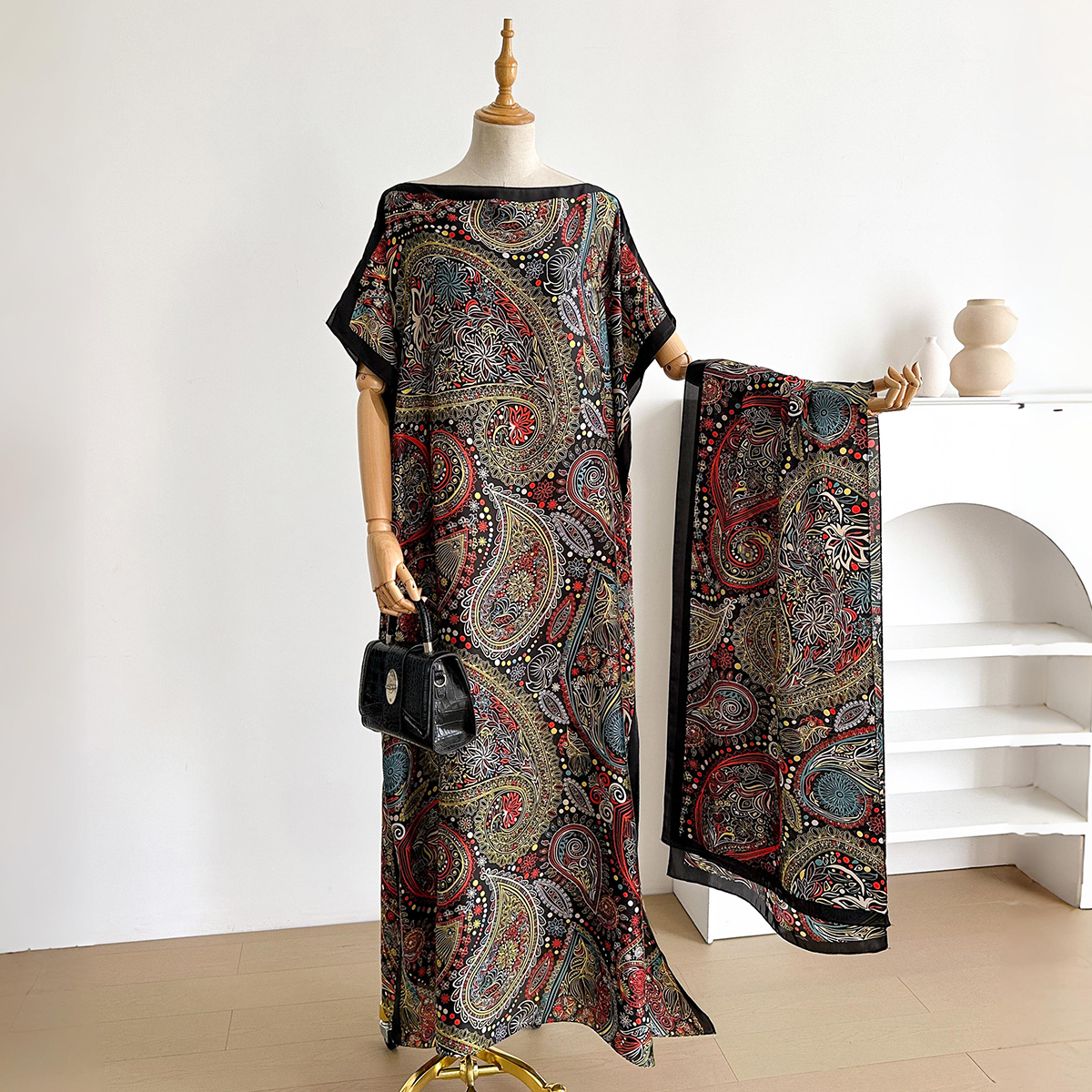 NEW Fashion Summer Print Dress With Big Scarf Dubai Turkey Kaftan Muslim Loose Abaya Women African Casual Paisley Shawl Robe