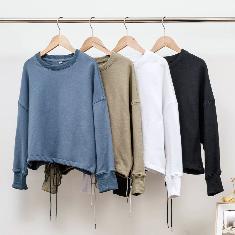 Sudadera con cordón para mujer, 100% algodón, nueva colección de otoño, informal, lisa, de manga larga, estilo coreano, ropa de calle, jersey femenino