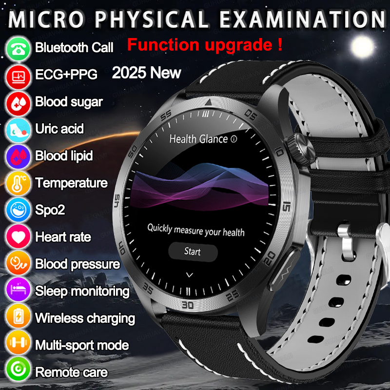 2025 New Micro Physical Examination Blood Lipids Uric Acid Blood Glucose Smart Watch ECG+PPG Clock Bluetooth Call Smartwatch Men