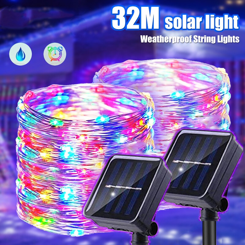 Guirnalda de luces alimentada por energía Solar para exteriores, 32M, 300LED, lámpara de hadas impermeable para lámparas de cadena decorativas en patio, jardín, Navidad