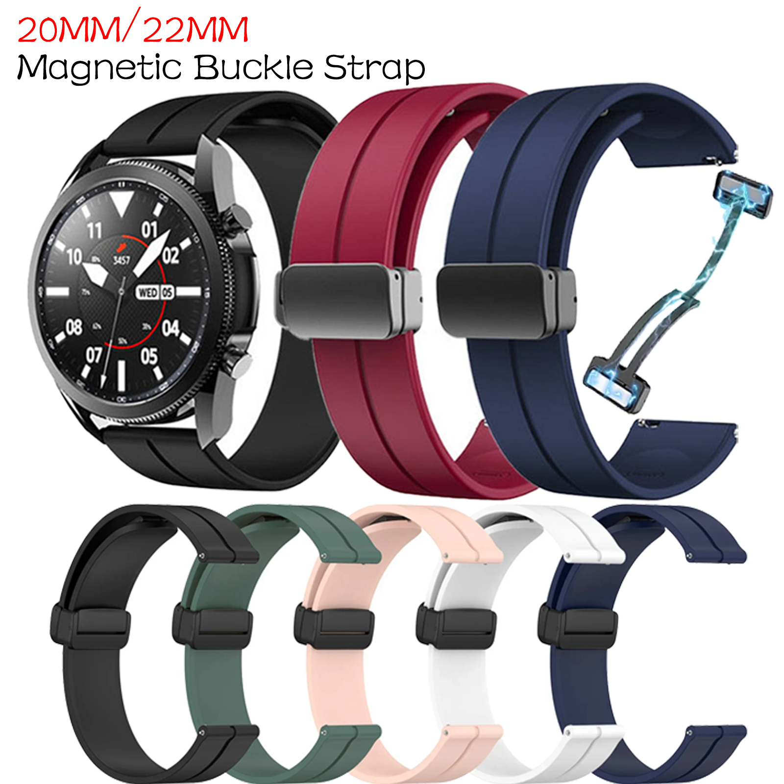 Pulseira de Relógio de 20mm 22mm para Samsung Galaxy Watch 6/4/5 Pro/Gear S3/Active 2/Classic, Pulseira Magnética Esportiva para Huawei GT 2 2e 3