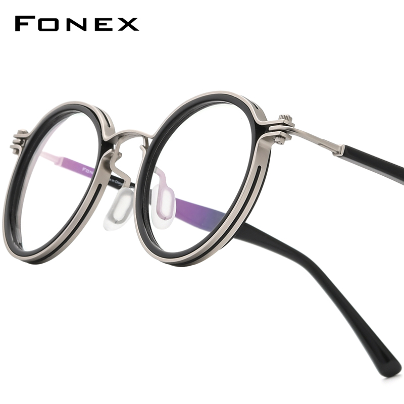 FONEX Asetat Paduan Bingkai Kacamata Pria Merek Desain Fashion Retro Bulat Kacamata Wanita Korea Jepang Tanpa Sekrup Kacamata 1024