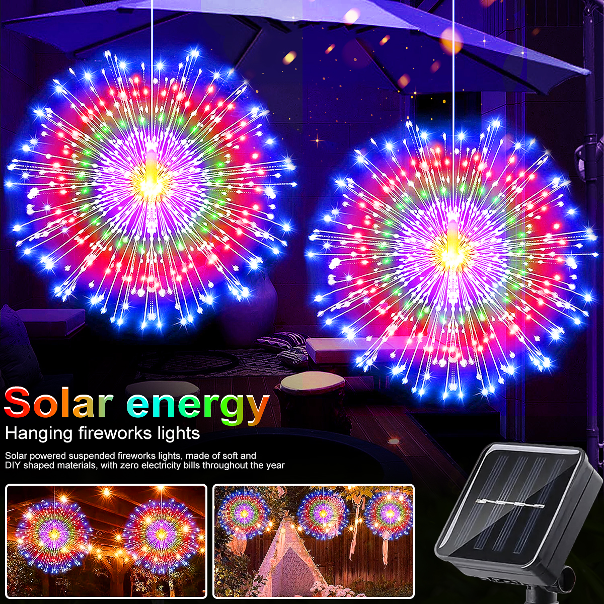 Feux d'artifice solaires d'extérieur, 90/150/200 LED, 8 Modes, guirlande lumineuse suspendue en fil de cuivre pour cour, Patio, tente, fête, noël