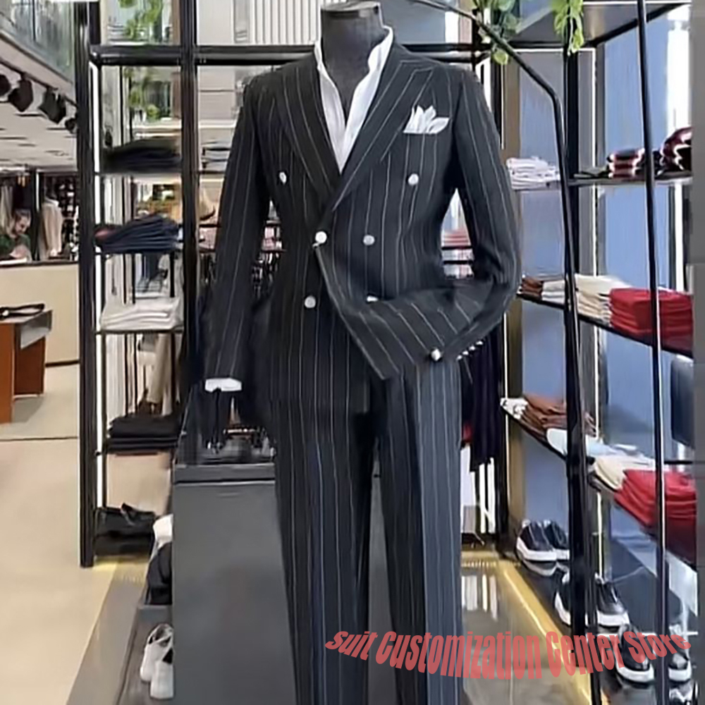 Terno Clássico Masculino 2 Peças Slim Fit Abotoamento Duplo Cinza Escuro Listrado Lapela Pontiaguda para Casamento Noivo Escritório Formal