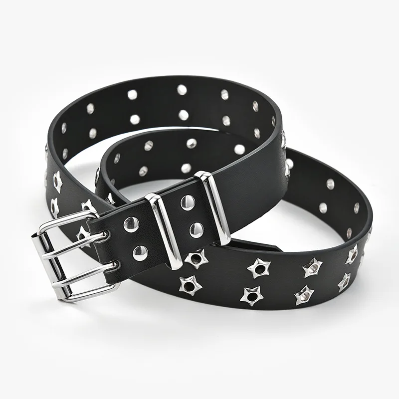 Moda hombres mujeres estilo Punk cinturón de cadena ajustable estrella hueca doble botonadura hebilla de Metal cuero Jeans pretina