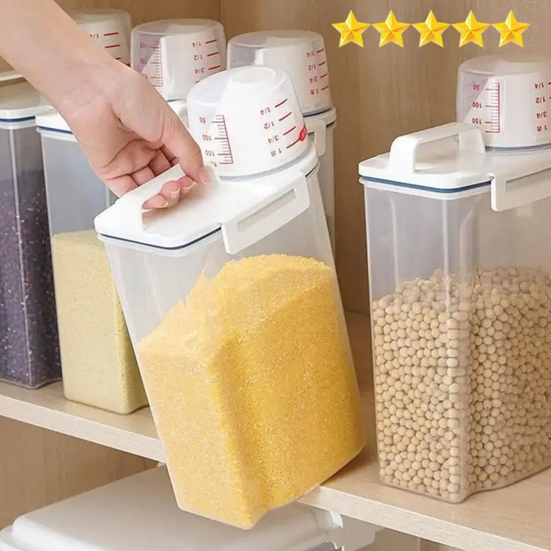 【ホットセール】1個の米と穀物の食品保存キャニスター、計量カップ付き、キッチン防湿、防虫、防塵