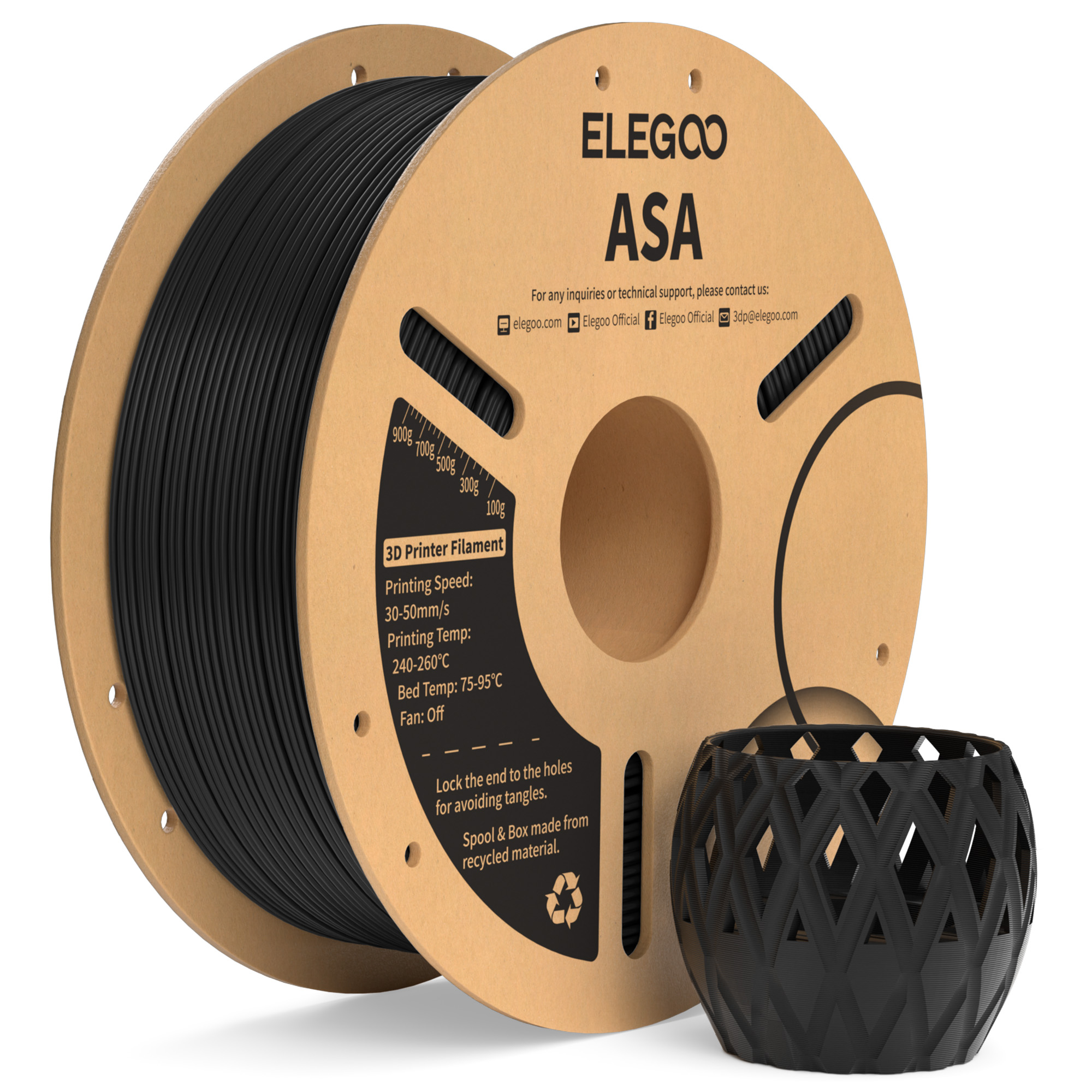 Филамент ELEGOO ASA 1.75 мм, 1 кг, устойчивый к УФ-излучению и атмосферным воздействиям, для 3D-принтеров, идеально подходит для функциональных деталей на открытом воздухе, 1 кг, черный, белый