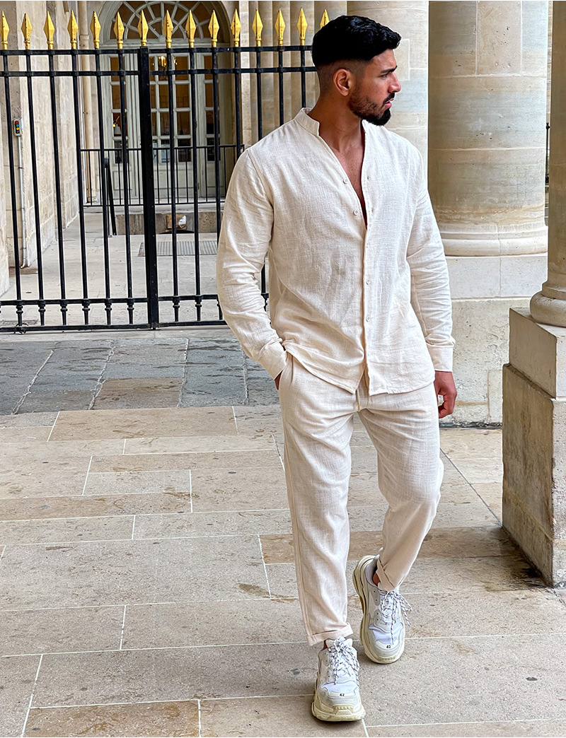 Nuevo traje informal para hombre de Europa y Estados Unidos, 100% algodón monocromático, moda de otoño, camisa holgada de manga larga para el hogar