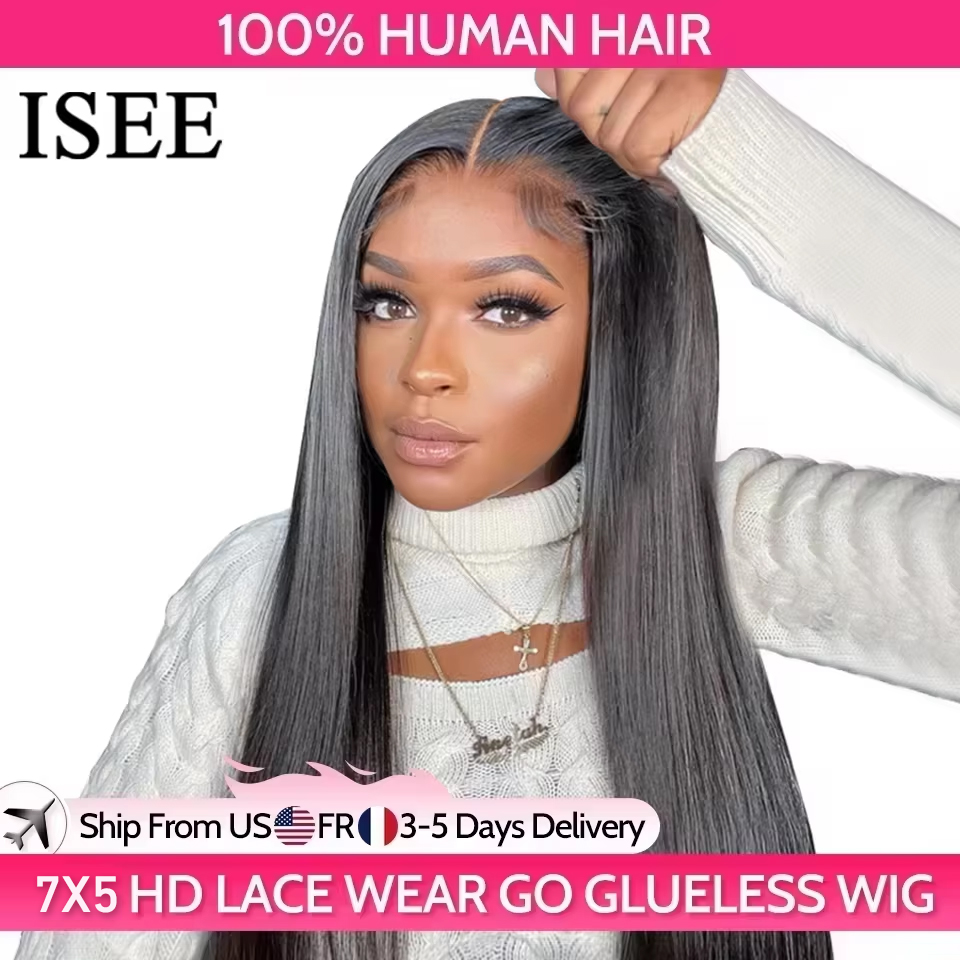 ISEE Haar Lijmloze Pruiken Echt haar Klaar om te dragen Recht Lijmloos Voorgeplukt Wear And Go Pruiken 7x5HD Kanten Voorkant Pruiken Voorgesneden Kant