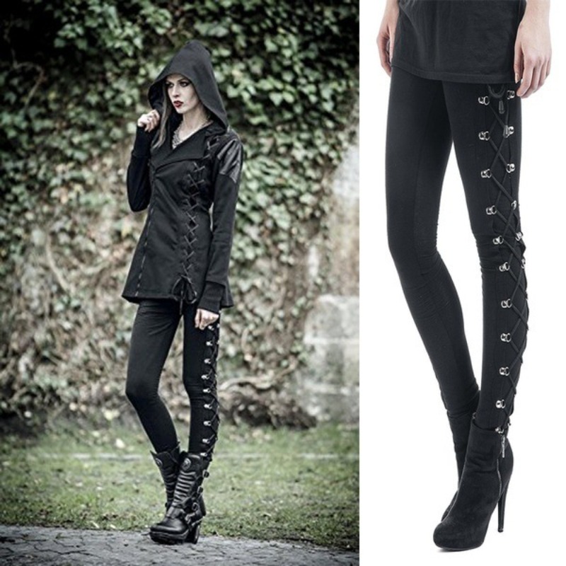 Leggings estilo rua gótico mulheres calças pretas magros cintura alta bunda levantamento moda rendas até leggings calças de caminhada ao ar livre
