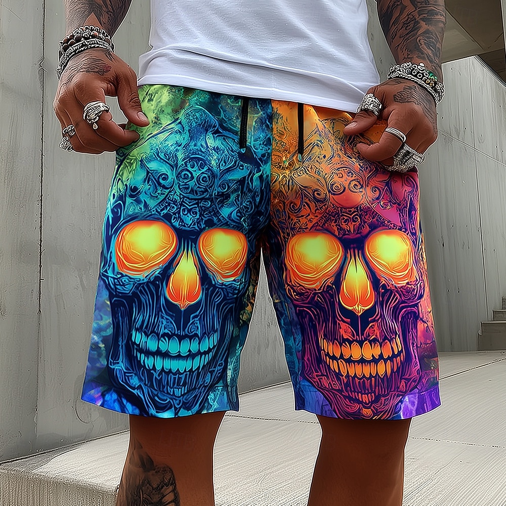 Herren-Shorts mit Farbblockierung und Totenkopf-Print, Punk-Gothic-Streetwear, Kordelzug, mittlere Taille, Seitentaschen, Frühlings- und Sommer-Urlaubskleidung