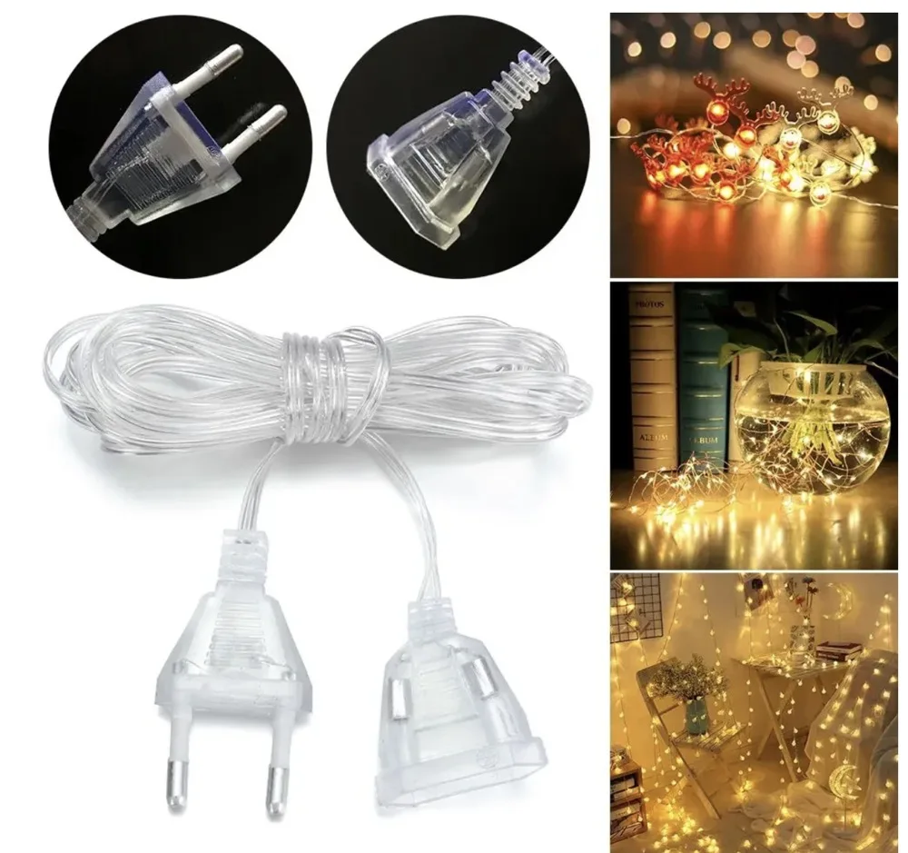 Cable de extensión de alimentación de 3M y 5M para enchufe europeo, guirnalda de luces LED para vacaciones, Cable de interruptor estándar, cortina de luz navideña