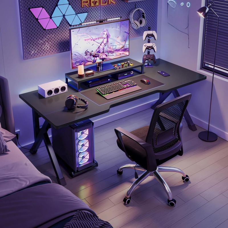 Wemart Gaming , 140CM Computer Home Office Desk Extra Large Modern Ergonomic PC Table Gamer Workstatio (Black, 1