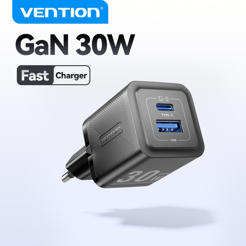 Cargador Rápido Vention GaN de 30W para iPhone 17 16 15 14 13, Cargador PD3.0 para iPad Pro, Xiaomi, Samsung, Cargador de Teléfono Móvil USB Tipo C