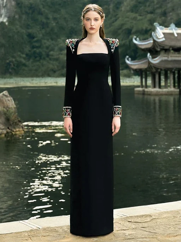HOGE KWALITEIT Nieuwste Mode 2026 Designer Jurk Dames Formele Lange Mouwen Kleuren Diamanten Strass Geborduurde Lange Maxi Jurk
