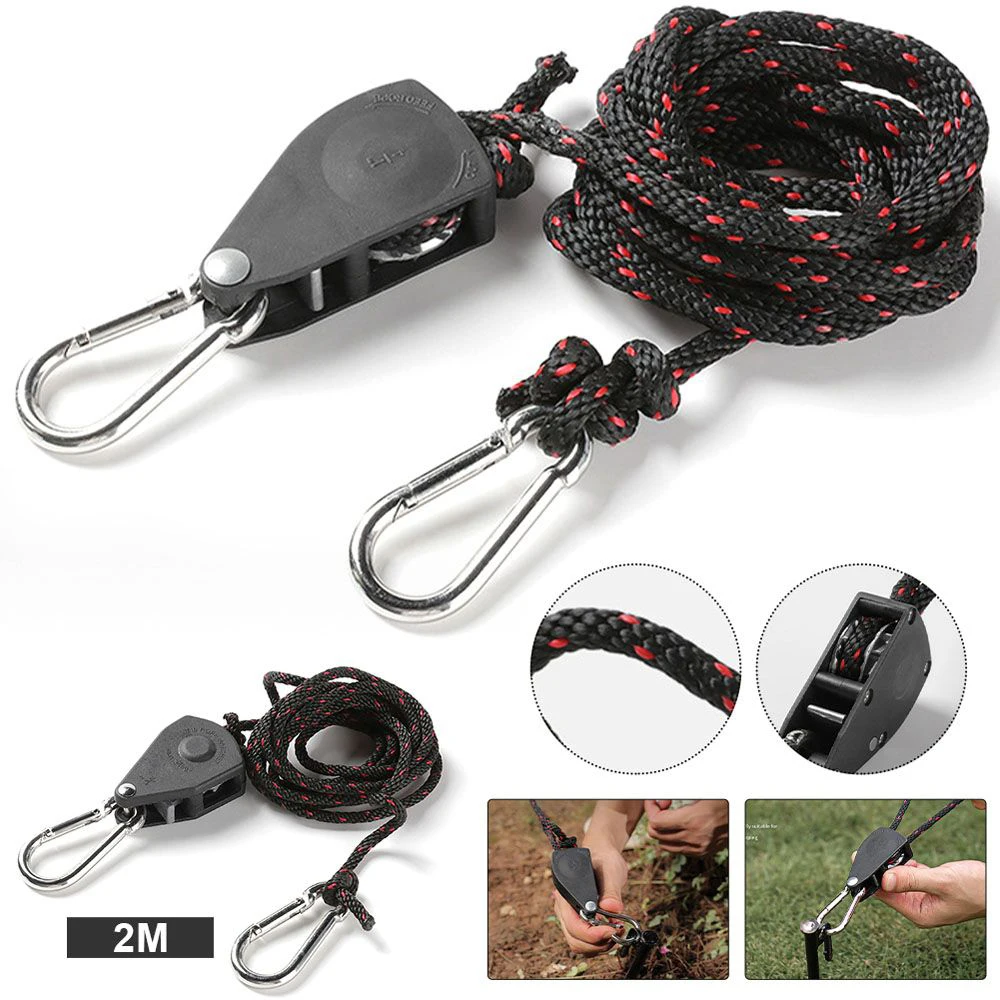 Sujetador de cuerda ajustable para tienda de campaña, tensor de polea con hebilla fija, perchas de trinquete, luces de elevación, toldo de Camping, cuerda de viento