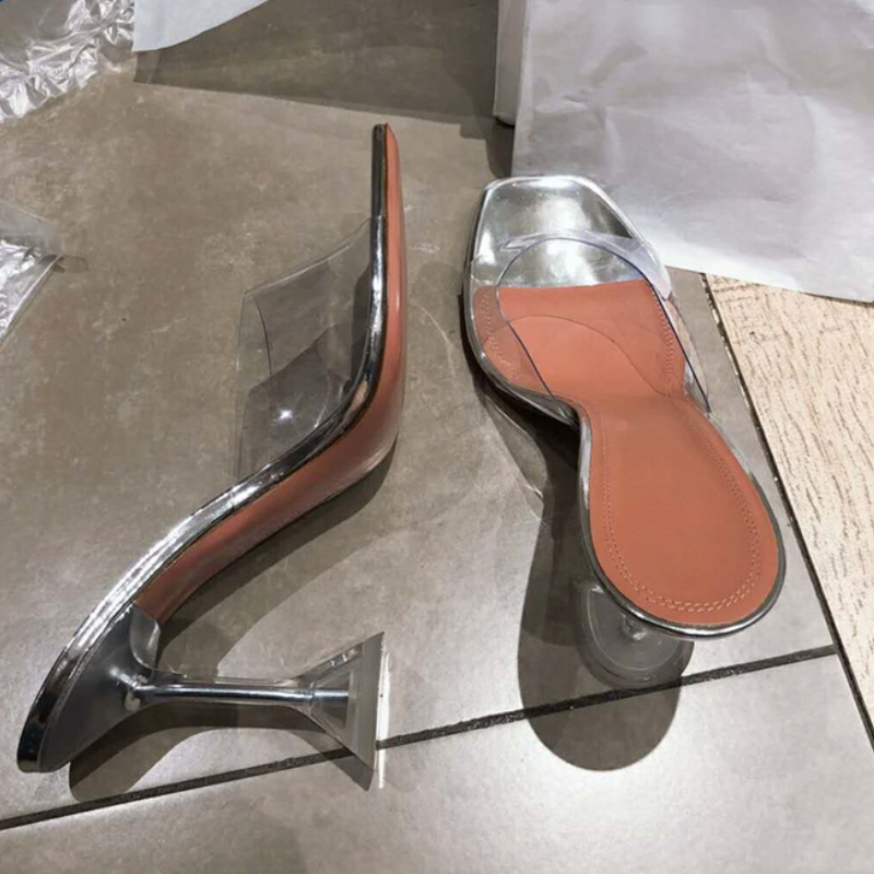 2025 Nuevas zapatillas de cabeza cuadrada de tacón cuadrado transparente de moda para mujer