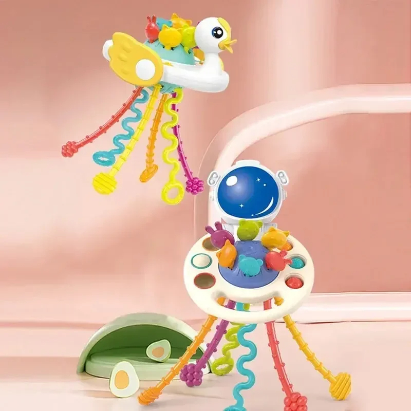 การ์ตูนเป็ดนักบินอวกาศดึง String Montessori การพัฒนากิจกรรมซิลิโคน Teething Sensory Grip การฝึกอบรมของเล่นเพื่อการศึกษา Early