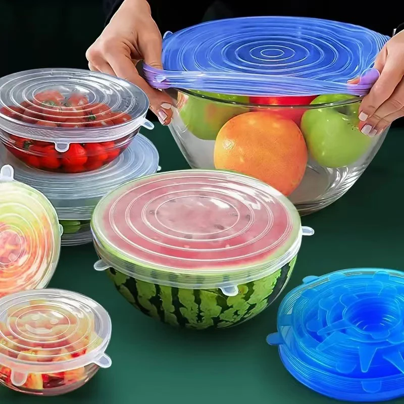 Tampas elásticas de silicone, 6 peças, tampas de tigela de comida, capas reutilizáveis para economia de alimentos, tampa retrátil multifuncional para manter fresco