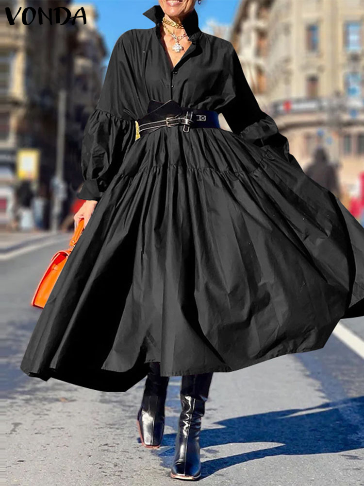 Vestido de talla grande 5XL VONDA para mujer, Vestidos informales elegantes de Color sólido con volantes, moda de gran tamaño, bata con cuello de solapa de manga larga 2024