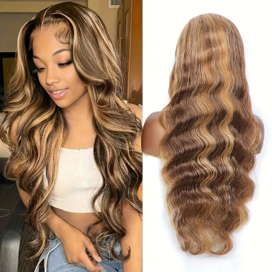 Peruki z ludzkich włosów z kolorową falą Body Wave, 13x6 HD Lace Frontal, wstępnie wyskubane, o gęstości 230%, wietnamskie, z pasemkami Highlight Omber, falowane Water Wave, peruka Lace Front 13X4 dla kobiet.