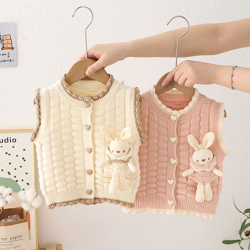 Colete de malha com design coelho para meninas, cardigã sem mangas com botão em forma de coração, rosa e bege, para outono e inverno