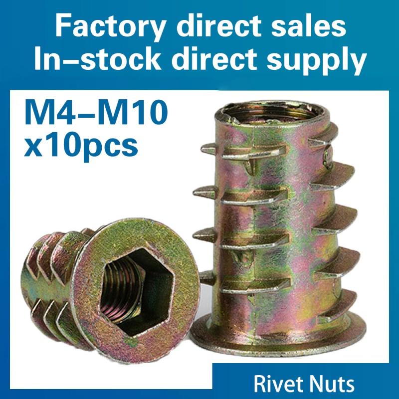 Rosca de aleación de Zinc para tuercas de inserción de madera, cabeza de accionamiento hexagonal con brida, Tuercas para muebles M4, M5, M8, 10 Uds./lote