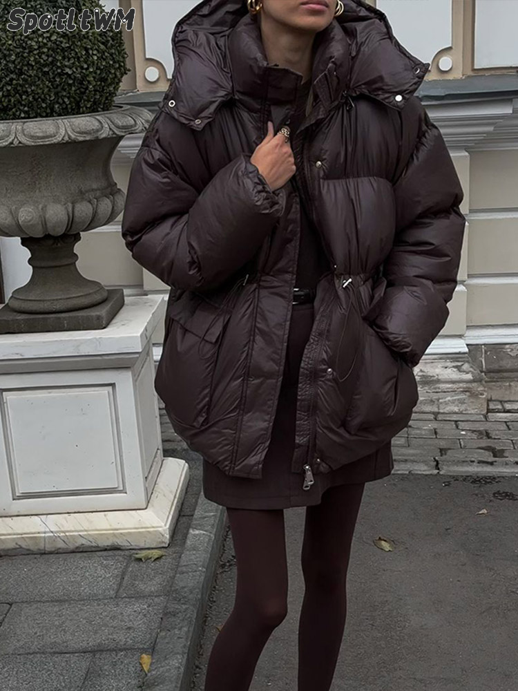 ผู้หญิงวินเทจ Burgundy Fluffy Hooded Down Coats Elegant แขนยาวซิปแจ็คเก็ตผ้าฝ้ายฤดูหนาว Chic Lady Warm Outwears