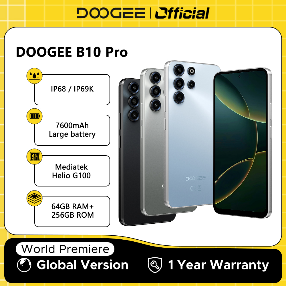 Estreno mundial del teléfono inteligente DOOGEE B10 Pro 64GB+256GB Pantalla FHD de 6.63” y 120Hz IP68 / IP69K Helio G100 Batería de 7600mAh Android 16