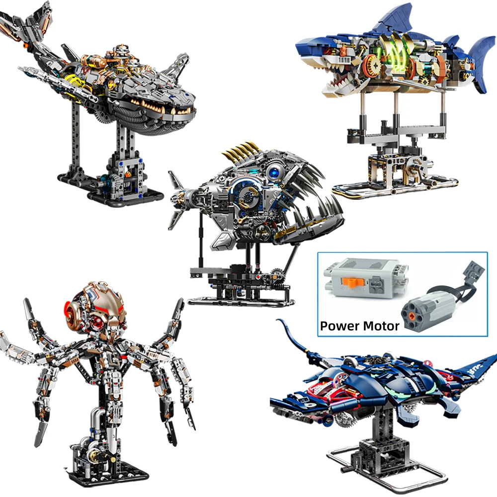 Mechanical สัตว์ทะเลบล็อกอาคาร DIY Movable Whale Octopus Manta Shark Piranha Creative การวิเคราะห์ MOC Desktop Decor ของขวัญ