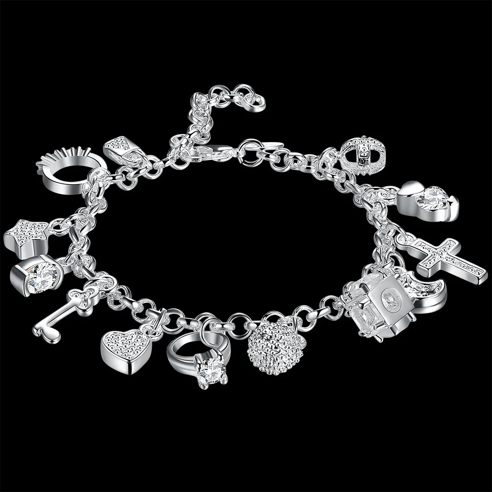 Pulsera de plata de ley 925 a la moda para mujer, bonito corazón, cadena con colgante de circón, regalos de fiesta de boda, joyería clásica de 20CM y 8 pulgadas