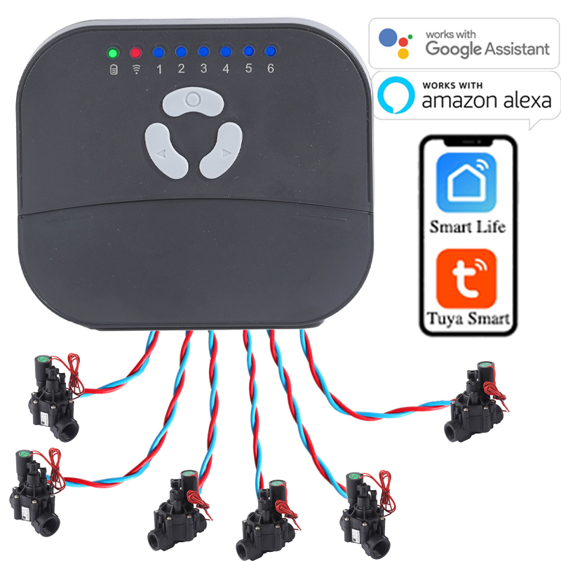 6 strefy WIFI Connect Tuya inteligentny domowy zegar nawadniania i sterownik nawadniania ogrodu zawór elektromagnetyczny wody System pomiaru czasu nawadniania