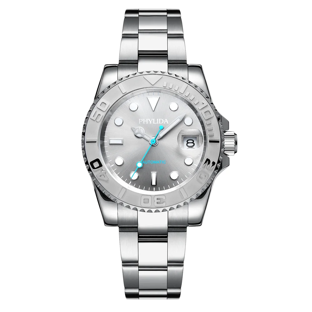 PHYLIDA 40mm reloj estilo yate para hombre automático MIYOTA Mov't cristal de zafiro bisel de cerámica inserto 100m resistente al agua