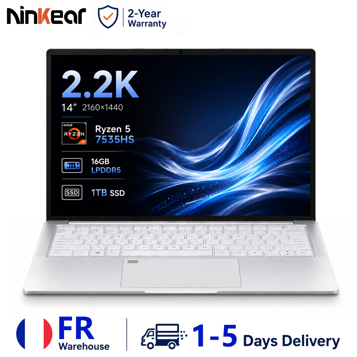 Ninkear S14 Ordinateur Portable 14" 2.2K IPS AMD Ryzen 5 7535HS 16GB LPDDR5X 1TB SSD Ultra Léger 1KG Charge Rapide PD 65W WiFi 6 Bluetooth 5.3 Déverrouillage Empreinte Windows 11