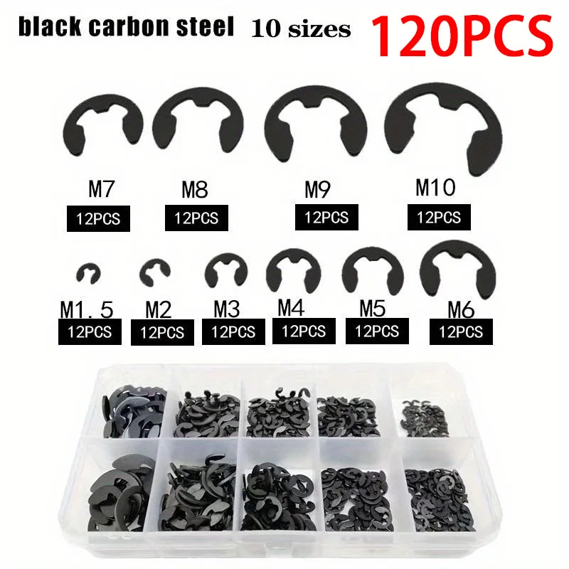 Juego de anillos de retención de acero inoxidable negro, 120 Uds., anillo a presión, surtido de arandelas de clip electrónico para herramientas de utilidad de M1.5-m10 de sujeción de eje